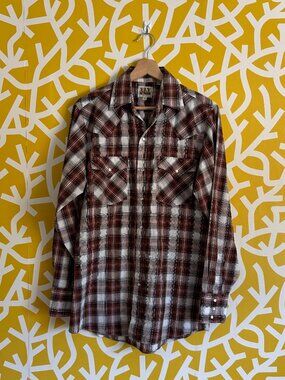 Ely Cattleman Brown Plaid Western Pearl Snap Button Cowboy Shirt - S/M
